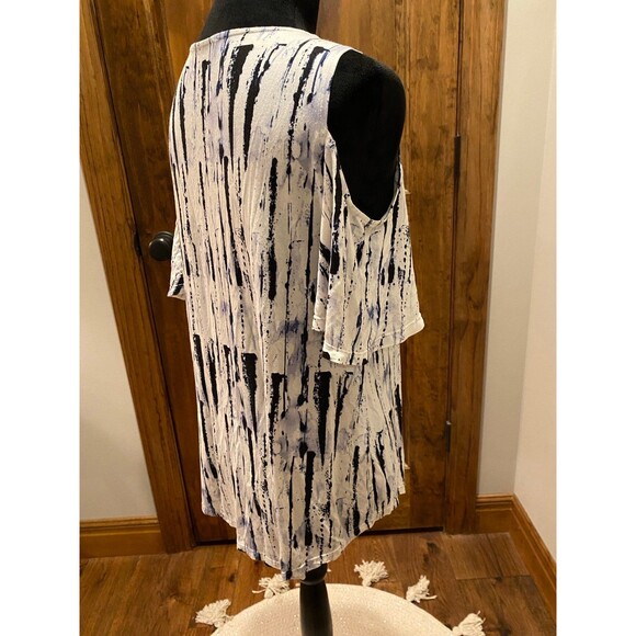 Womens Blouse ? Medium Navy Pattern Top Cold Shoulder + Stretch Short Sleeve - Picture 4 of 9